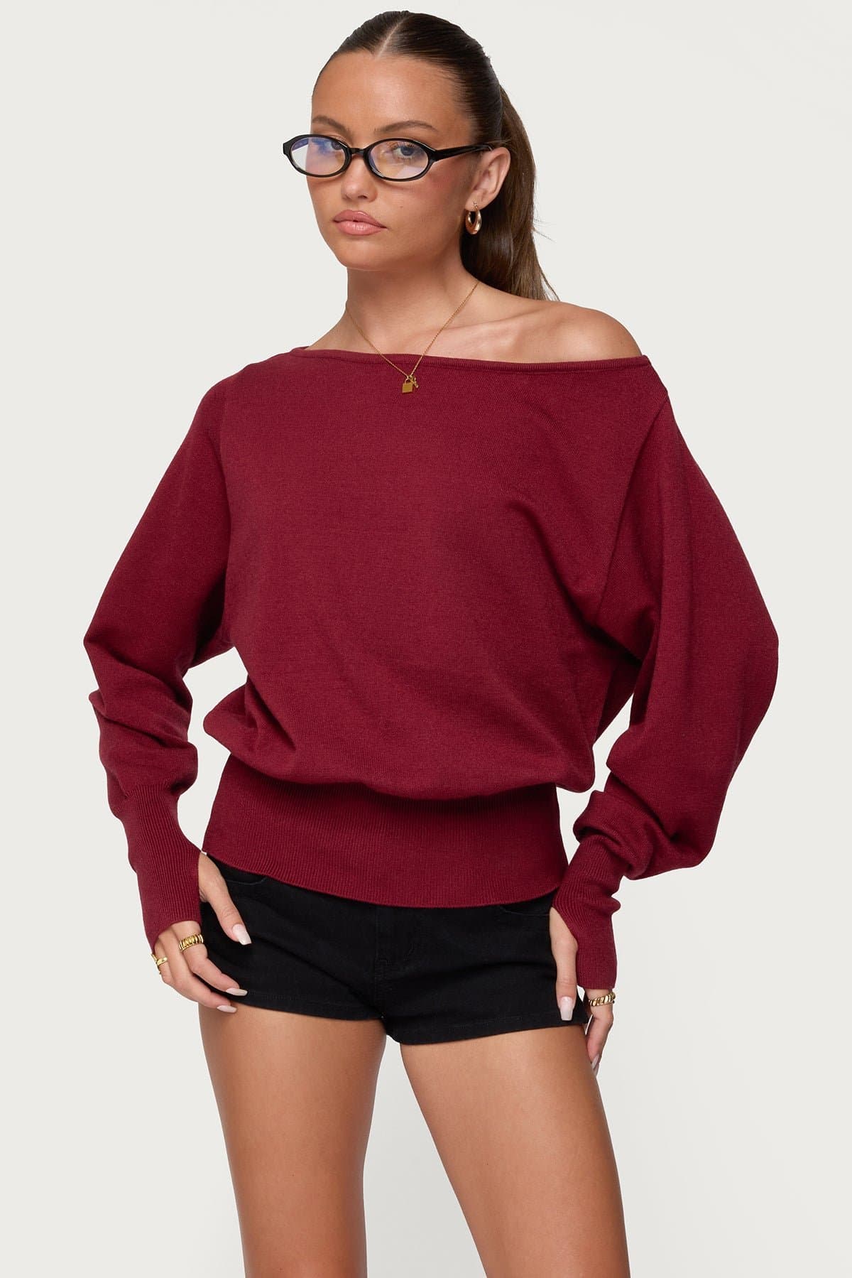 Off Shoulder Oversized Acrylic Sweater with Thumb Holes