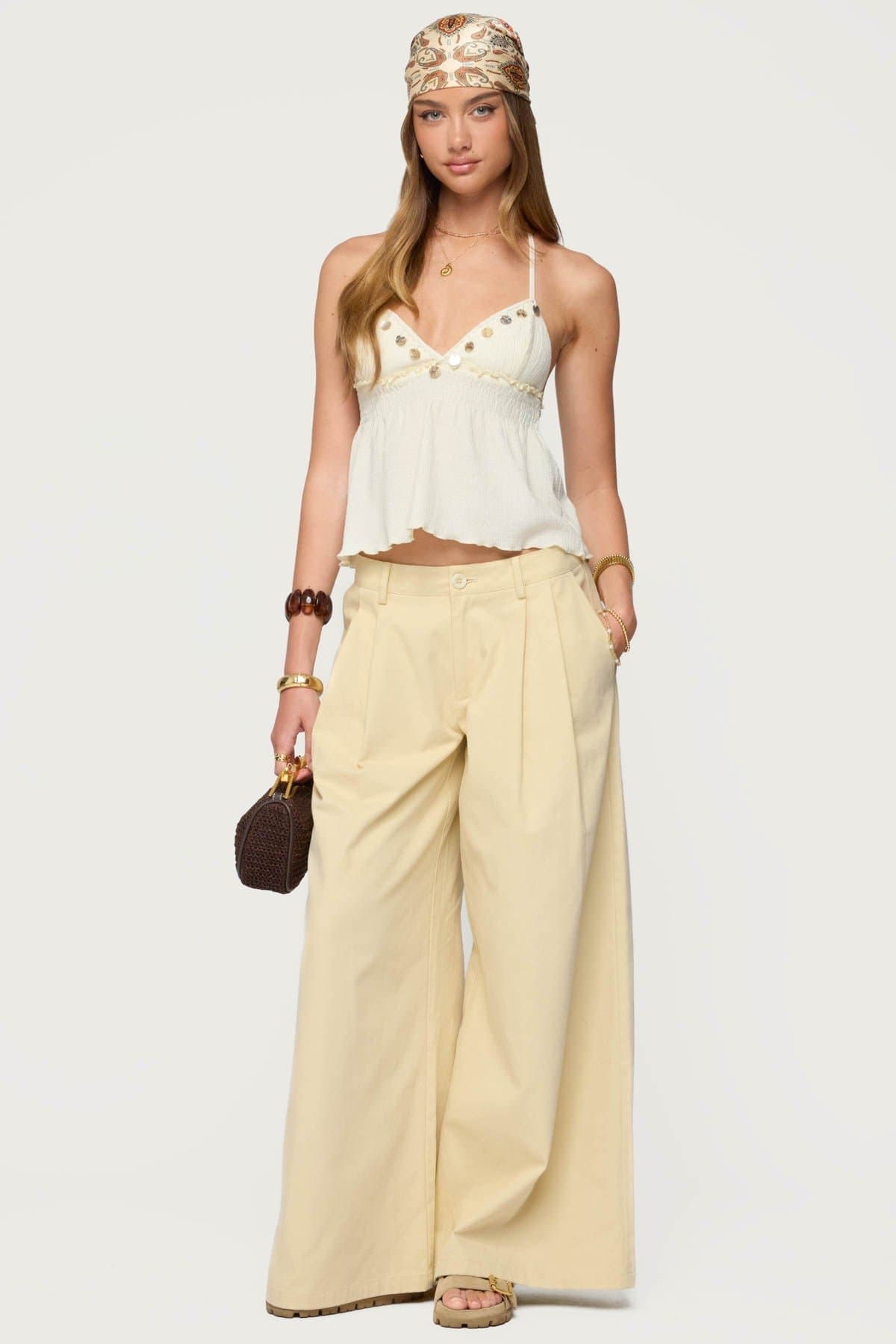 Textured Iridescent Babydoll Halter Top with Lace Ruffles and Smocked Panel