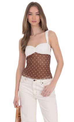 Two-Toned Mesh Polka Dot Top in Brown and White