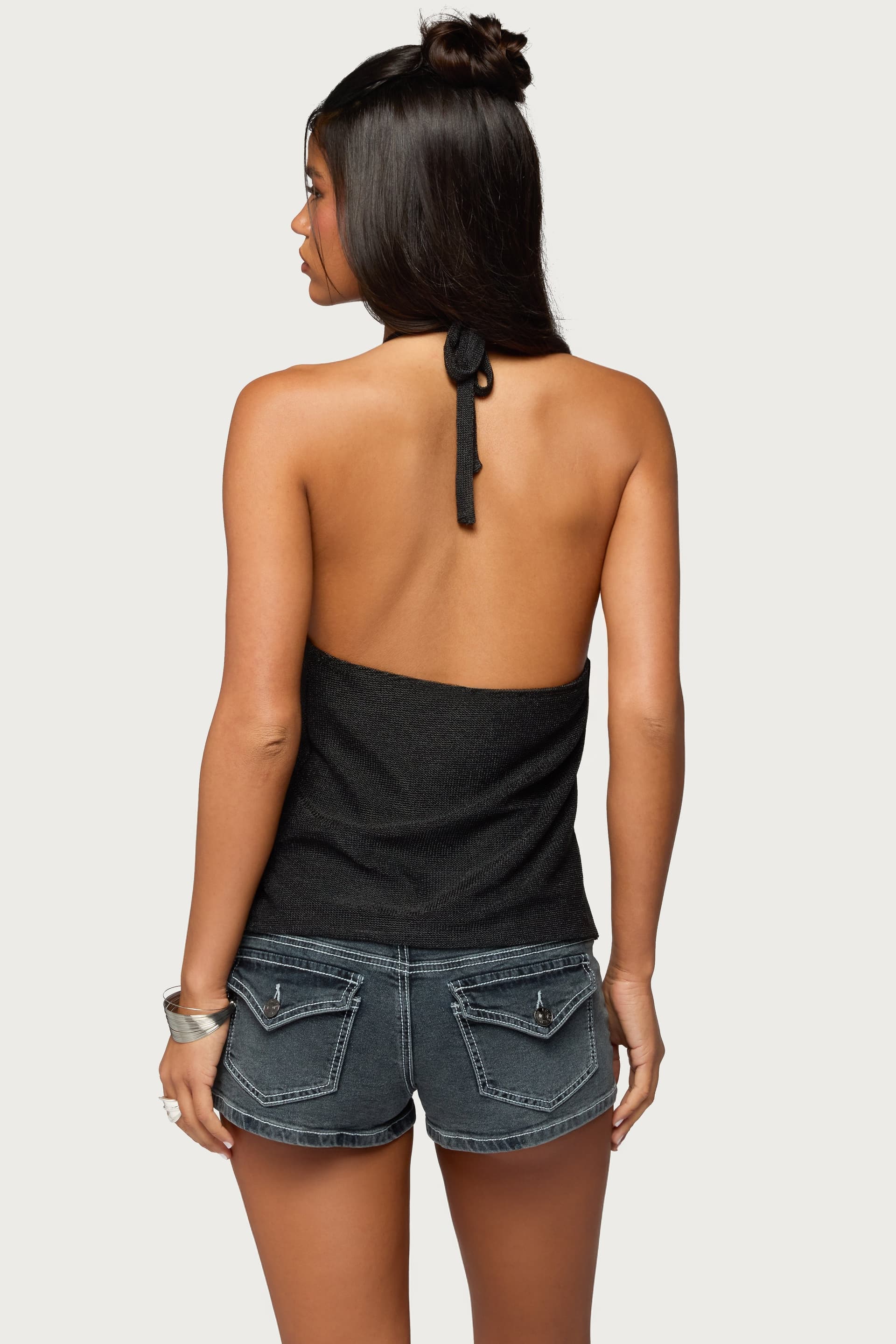 Stasia Sparkly Knit Split Front Halter Top - Rayon Metallic