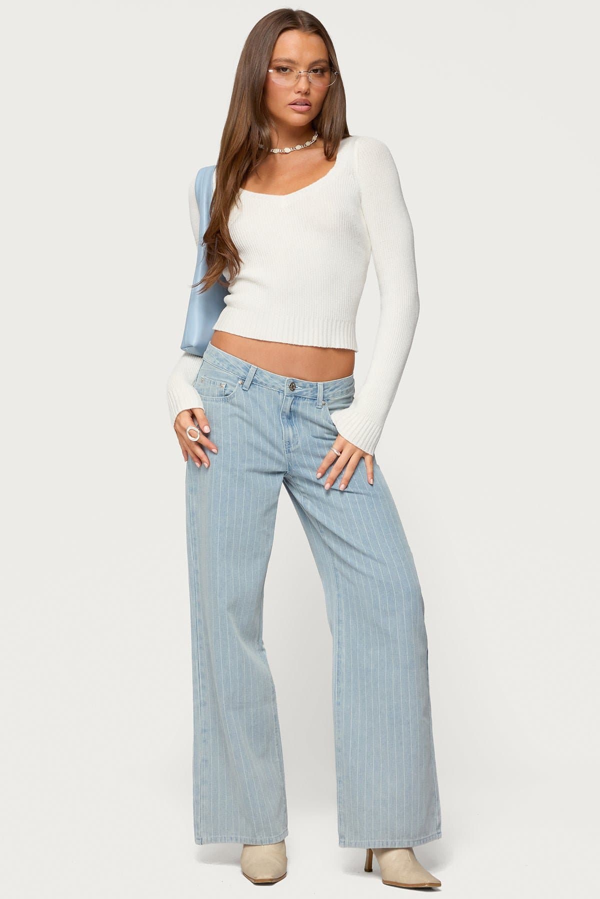 Pinstripe Low Rise Baggy Jeans - 100% Cotton Rigid Denim