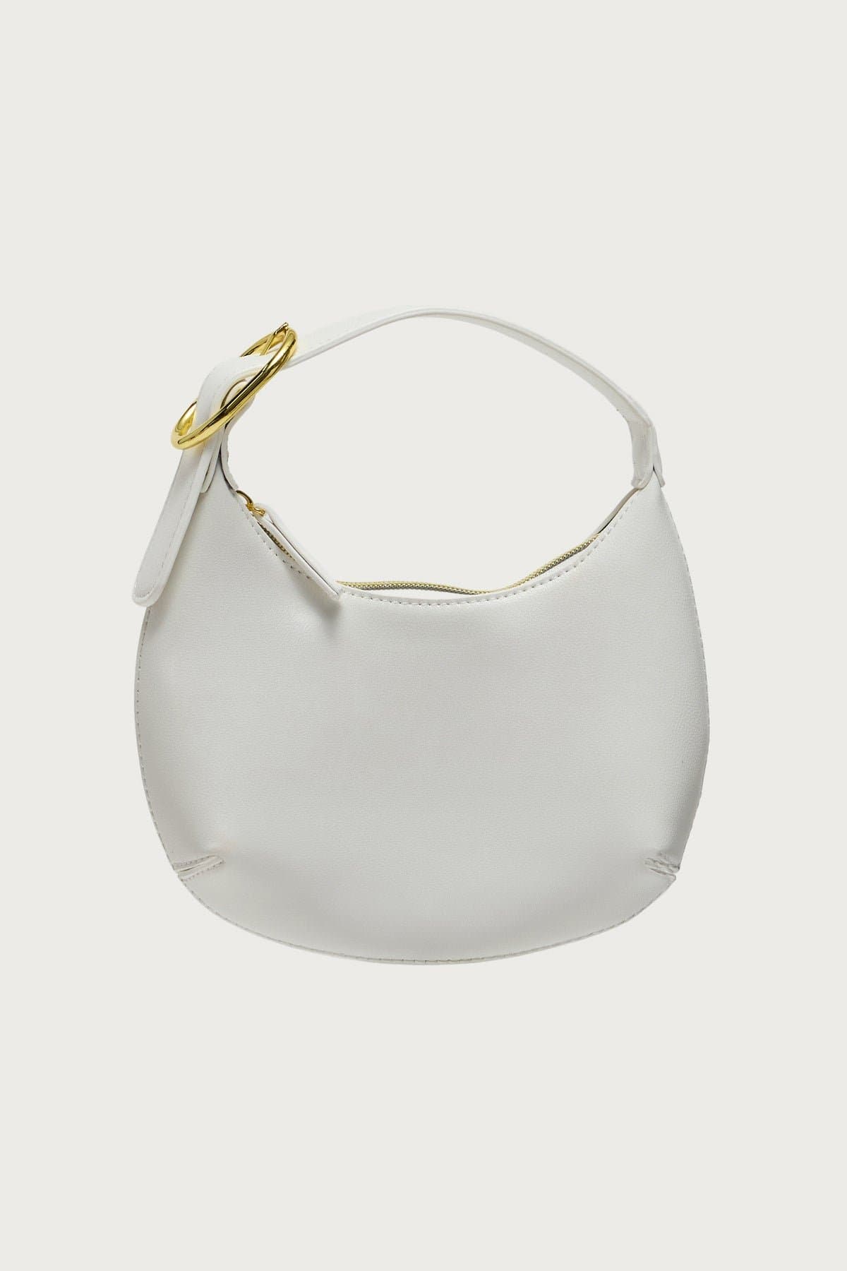 Buckle Strap Faux Leather Bag - Polyurethane 7.9W x 5.1H x 2.4D Gold Tone Zip Closure