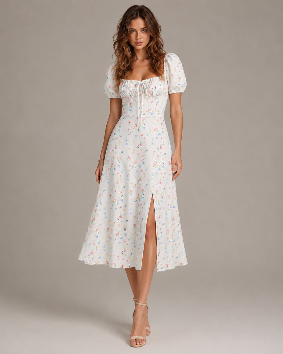 Women's White Wildflower Midi Dress – Puff Sleeve Sweetheart Ruched Tie Front Fitted Bodice A-Line Dress with Front Slit