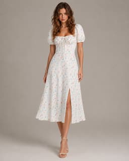 Women's White Wildflower Midi Dress – Puff Sleeve Sweetheart Ruched Tie Front Fitted Bodice A-Line Dress with Front Slit