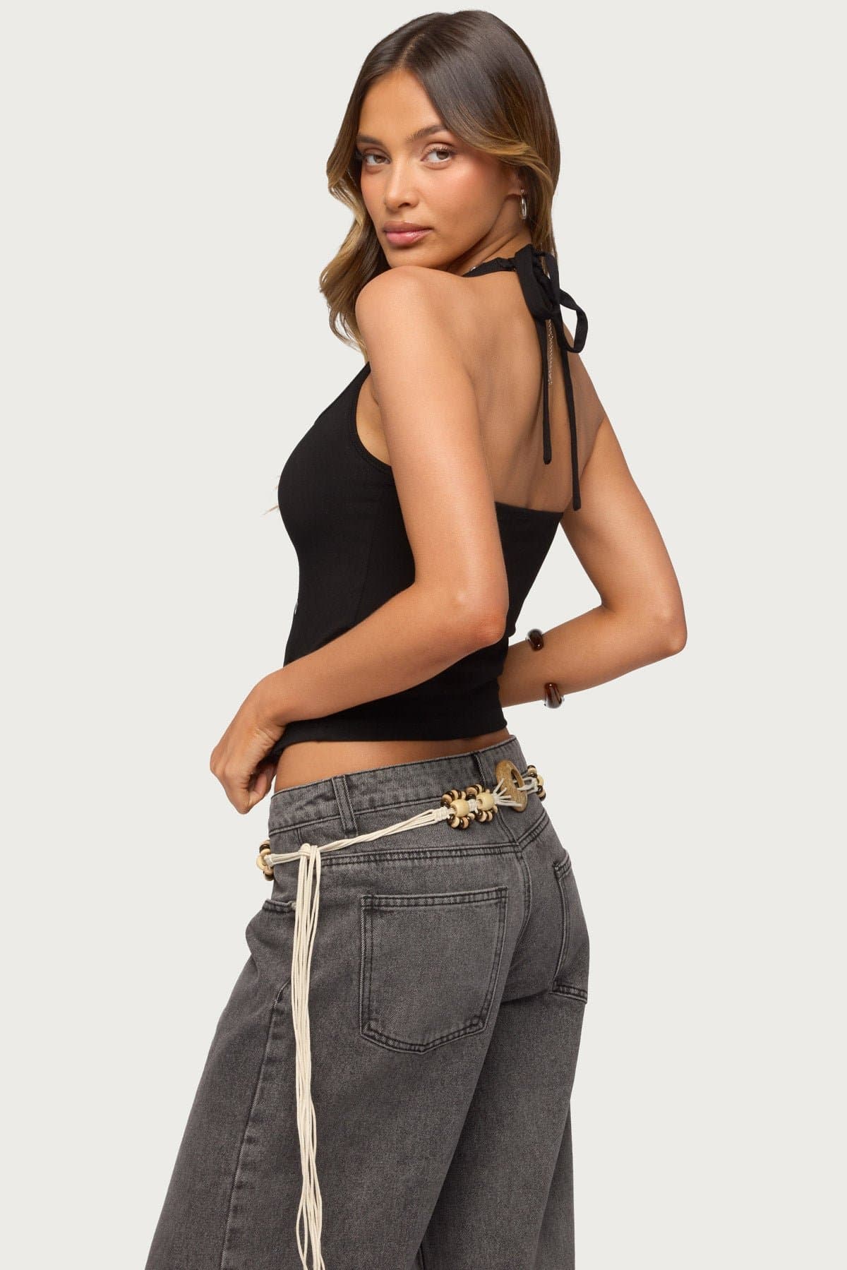 Asymmetric Button Up Halter Top in Cotton Spandex