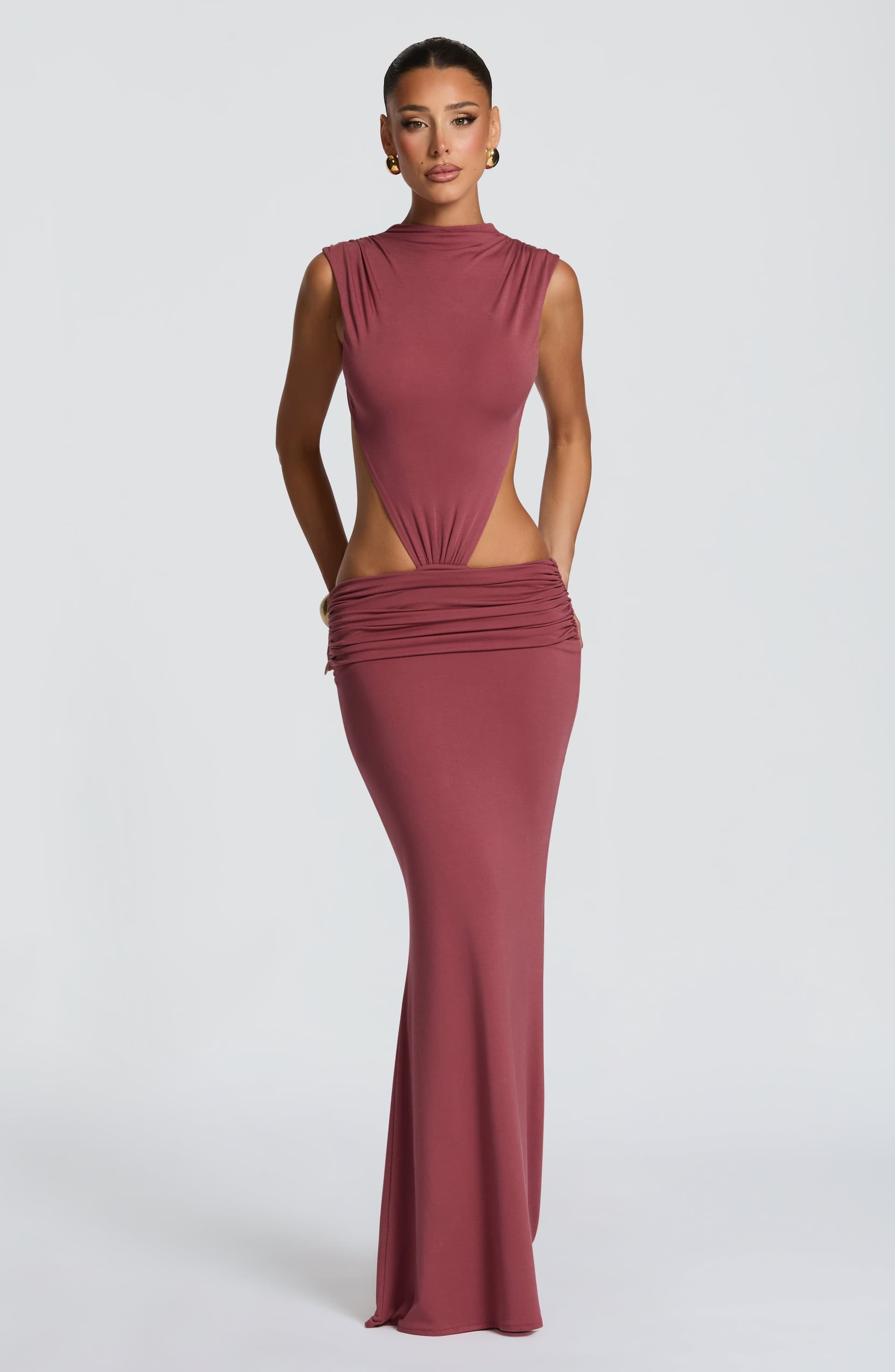 Fenella Maxi Dress in Rose Brown - High Neck Backless Sleeveless Modal Jersey