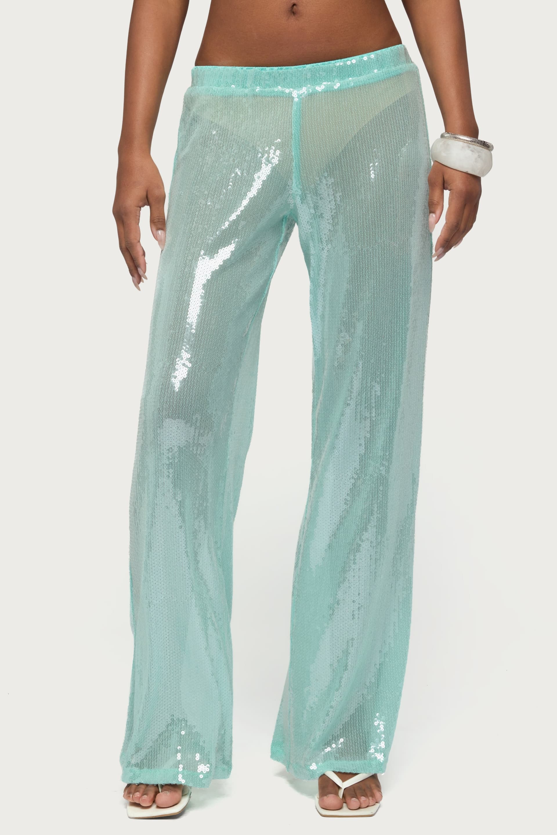 Avalee Sequin Wide Leg Pants - Polyester Spandex Elastic Waistband