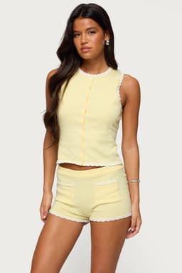 Leila Scalloped Knit Tank Top with Front Buttons, Cotton Polyester Blend