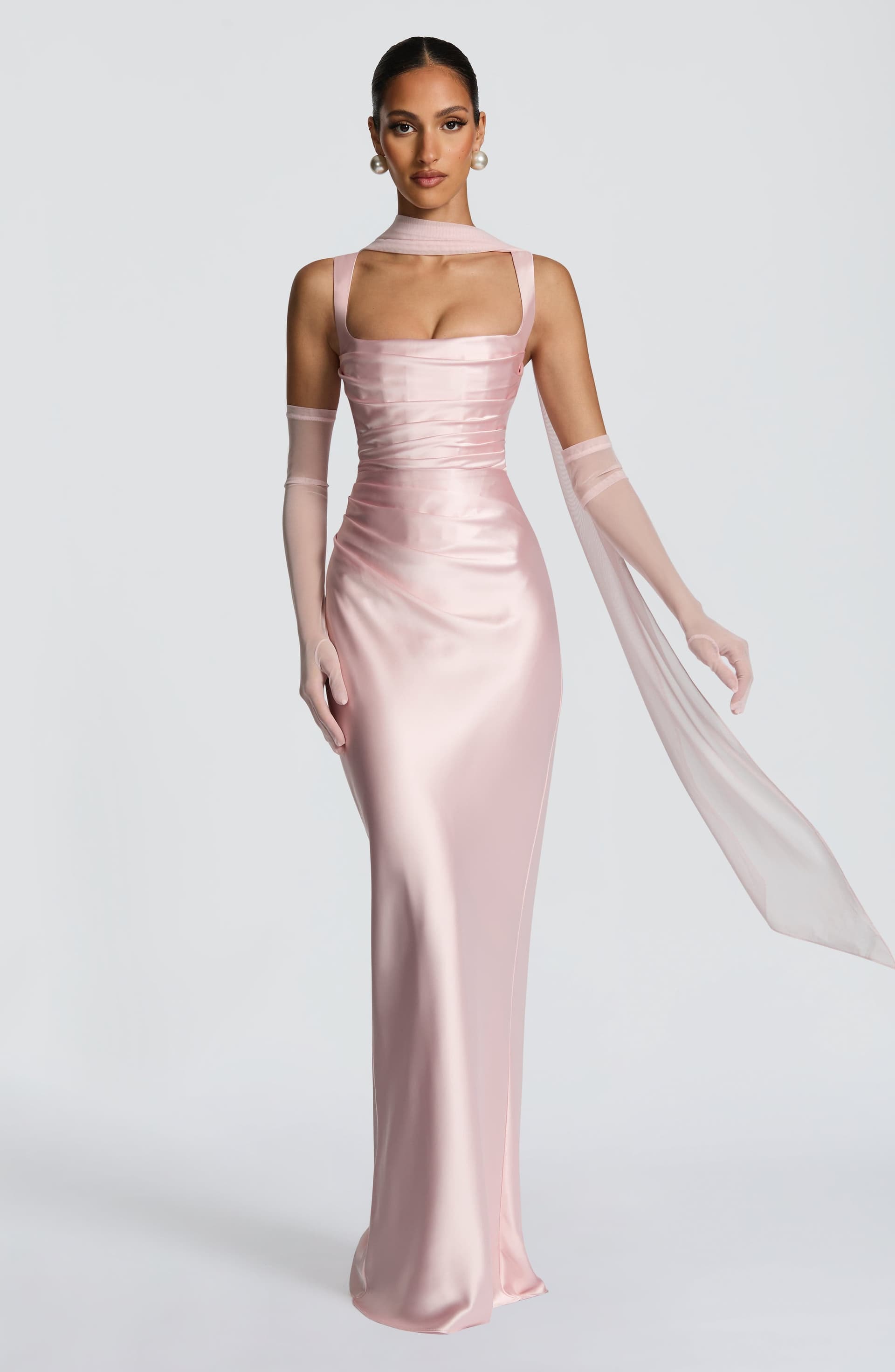 Calanthe Maxi Dress - Blush Satin Square Neckline Lace-Up Back