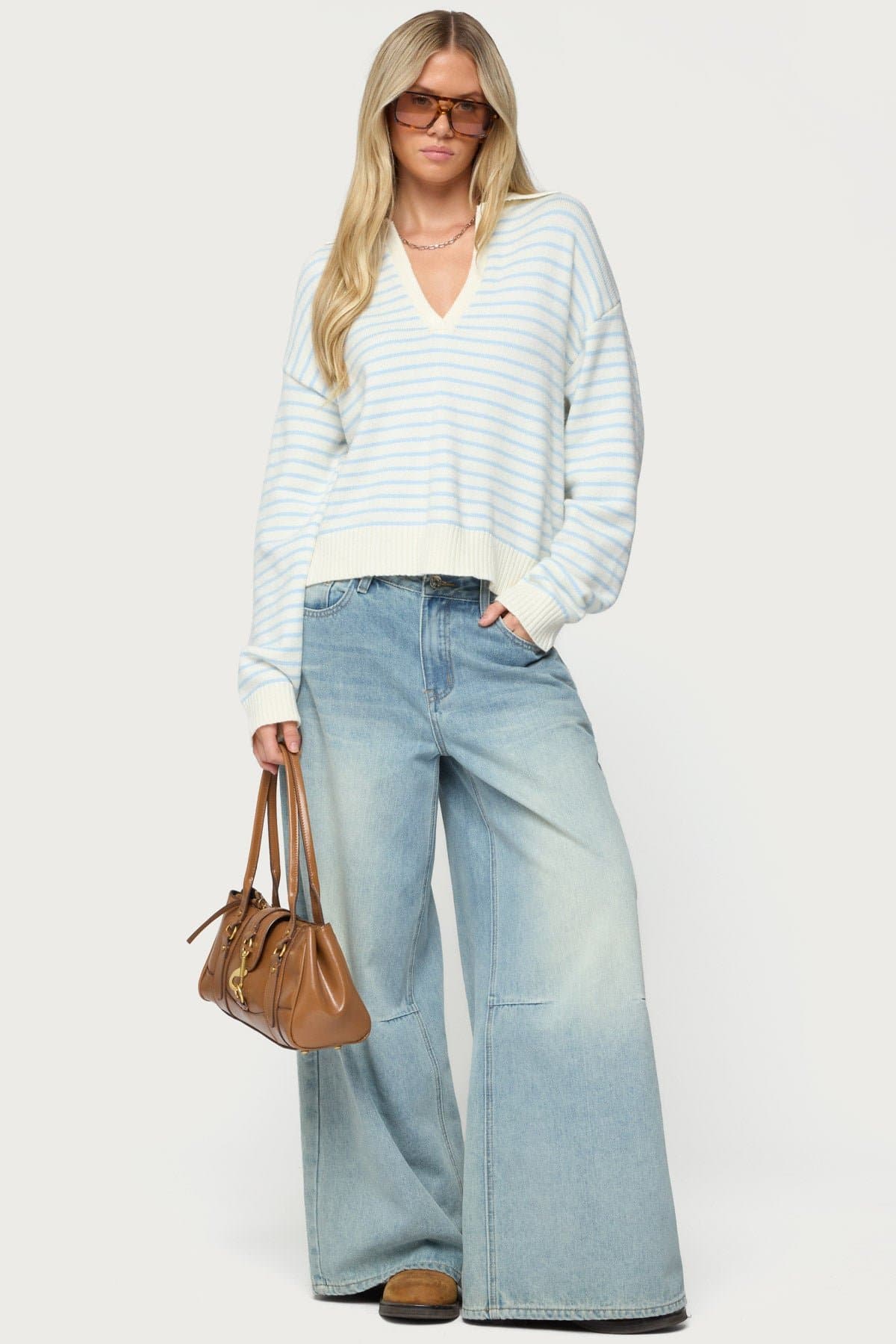 Copenhagen Oversized Striped Sweater - V Neck Knit Acrylic