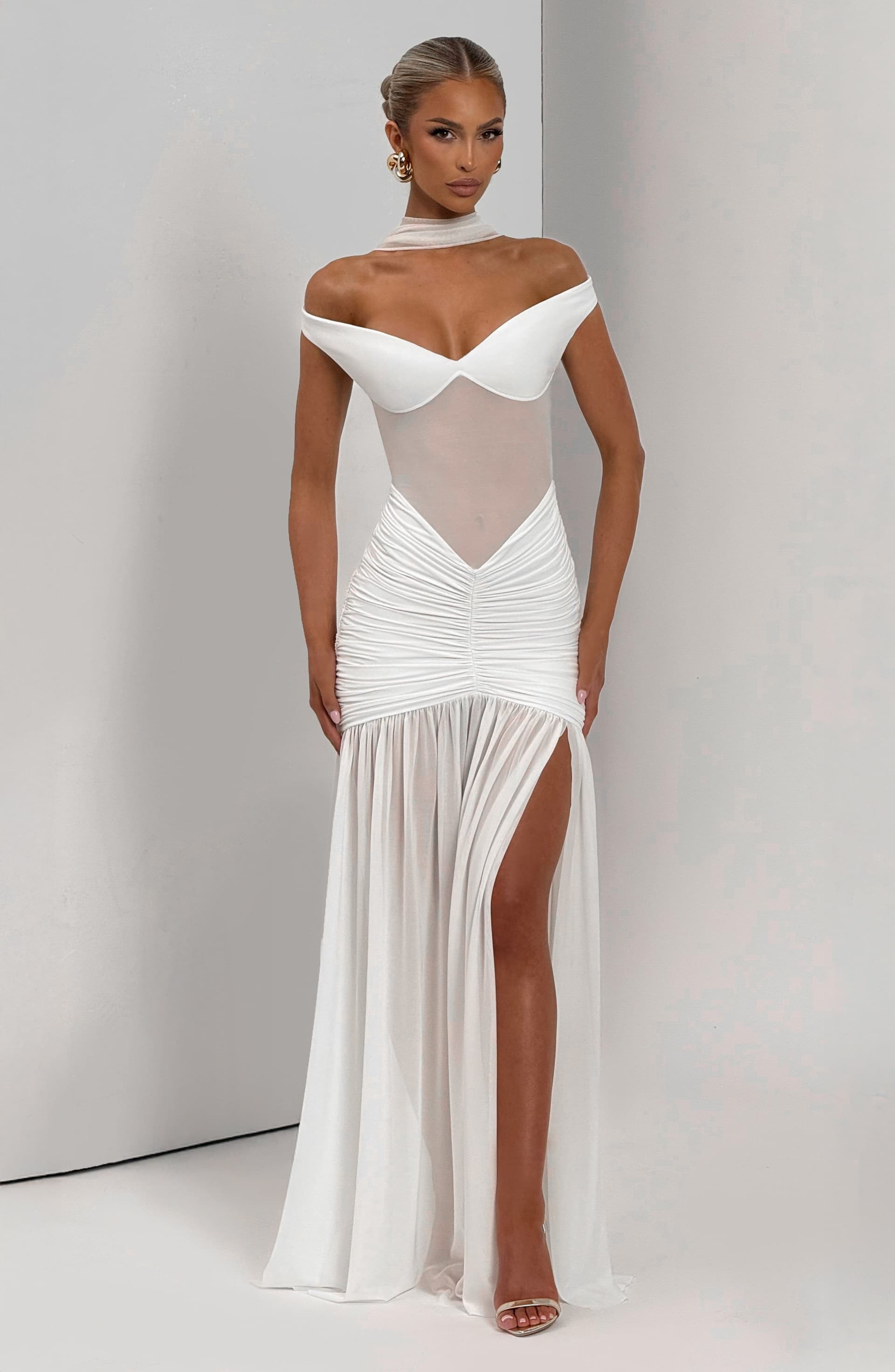 Alaia Maxi Dress in Ivory - Slinky Jersey Sheer Mesh Sweetheart Neckline