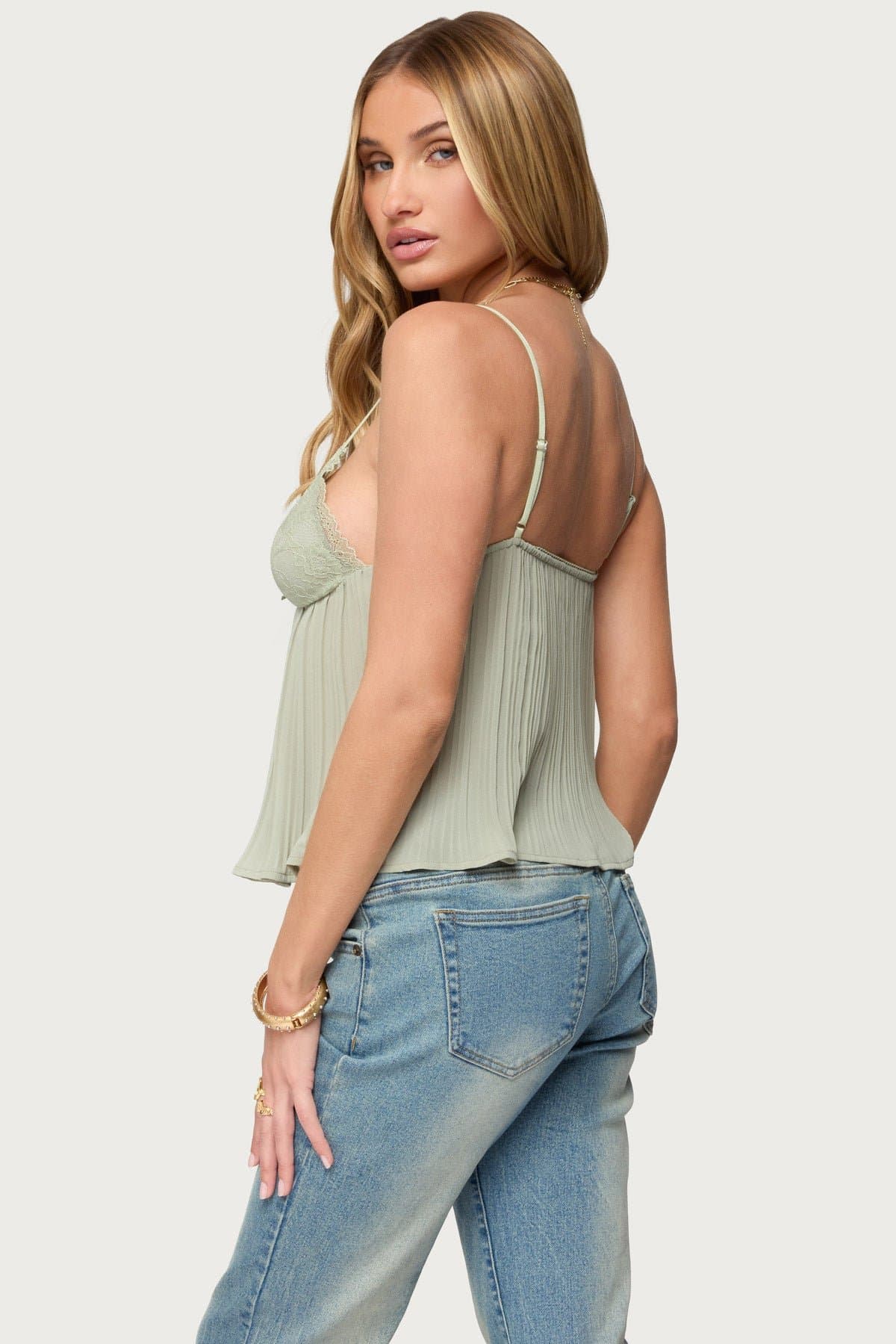 Rhian Lacey Pleated Babydoll Top - Adjustable Straps, Lace Bust, Chiffon