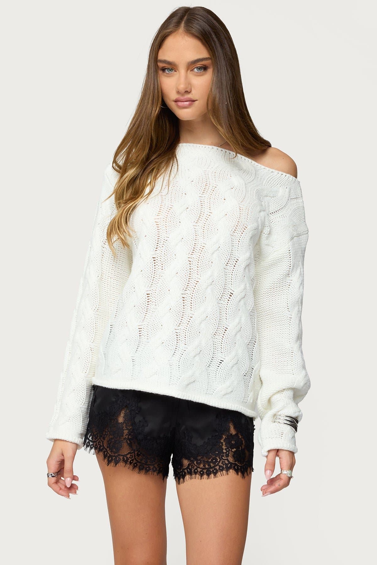 Nellie Off Shoulder Cable Knit Sweater - Acrylic Winter Top Size S