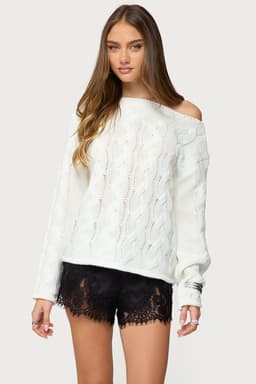 Nellie Off Shoulder Cable Knit Sweater - Acrylic Winter Top Size S