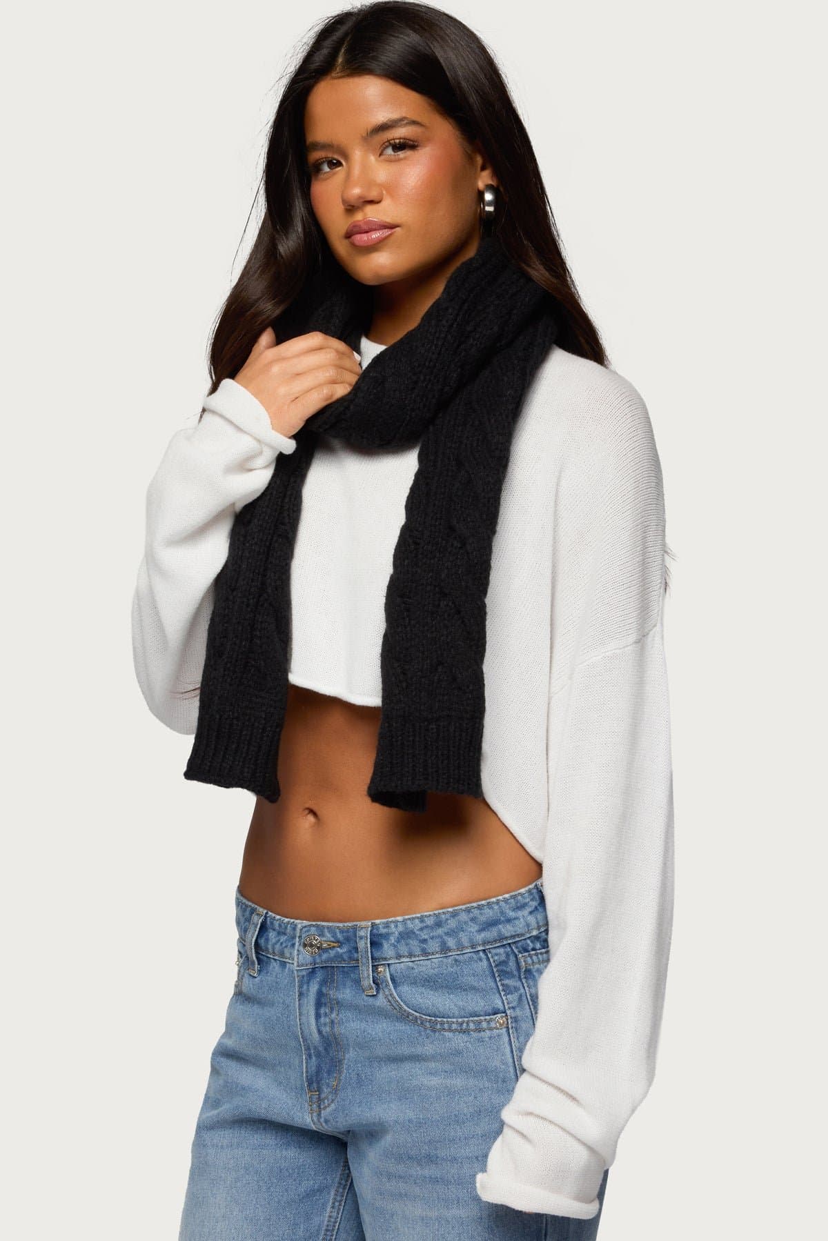 Cable Knit Scarf - Cotton Spandex Blend, 63.8" Length x 9.4" Width