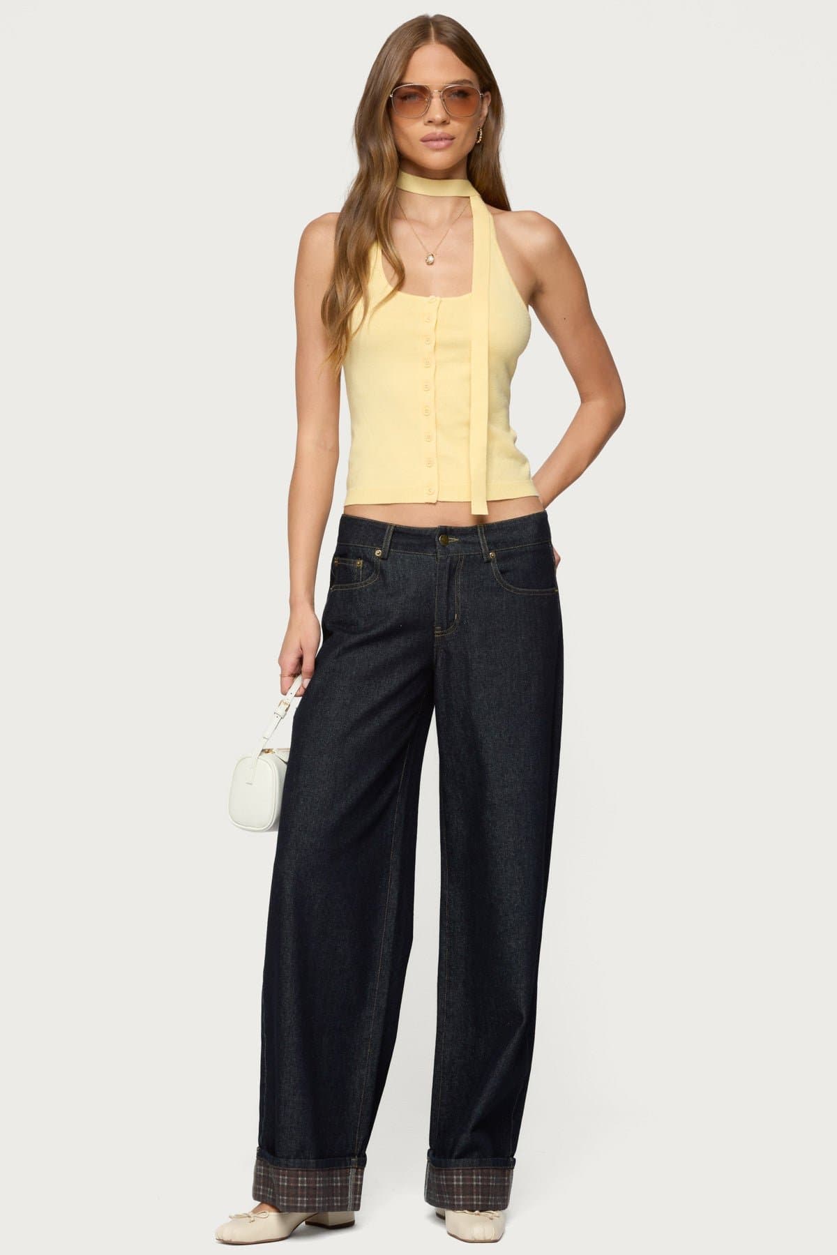 Two Piece Knit Halter Top with Front Buttons and Matching Scarf