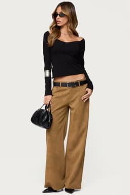 Stacey Low Rise Faux Suede Straight Leg Pants - Polyurethane Cotton Small Inseam 30.9"