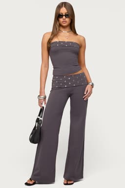 Breanna Studded Foldover Wide Leg Pants - Cotton Polyester Spandex Black Size S Inseam 32.5"