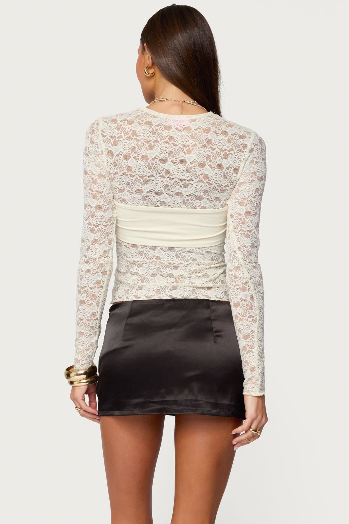 Rosette Bandeau Sheer Lace Top with Long Sleeves - Polyester Spandex