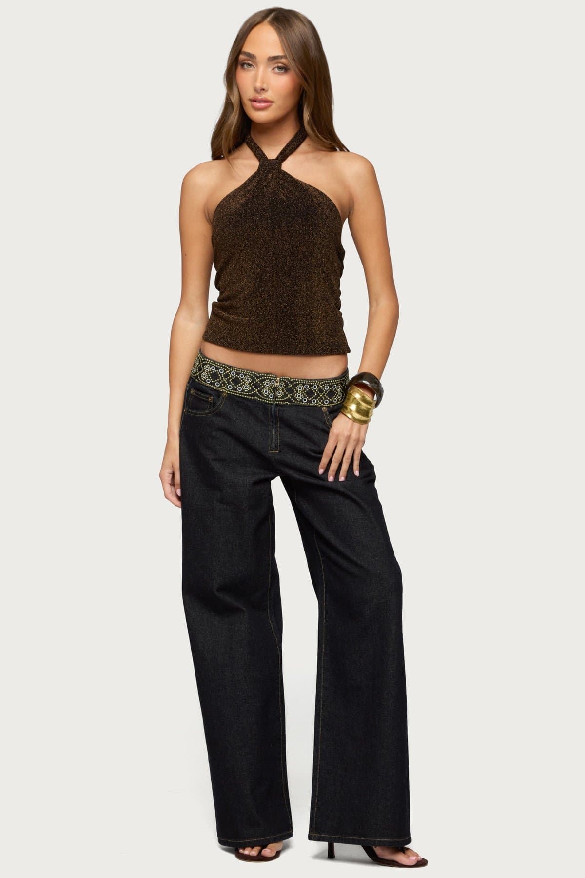 Katalya Glitter Halter Top - Polyester Spandex Gathered Neck Tie Closure