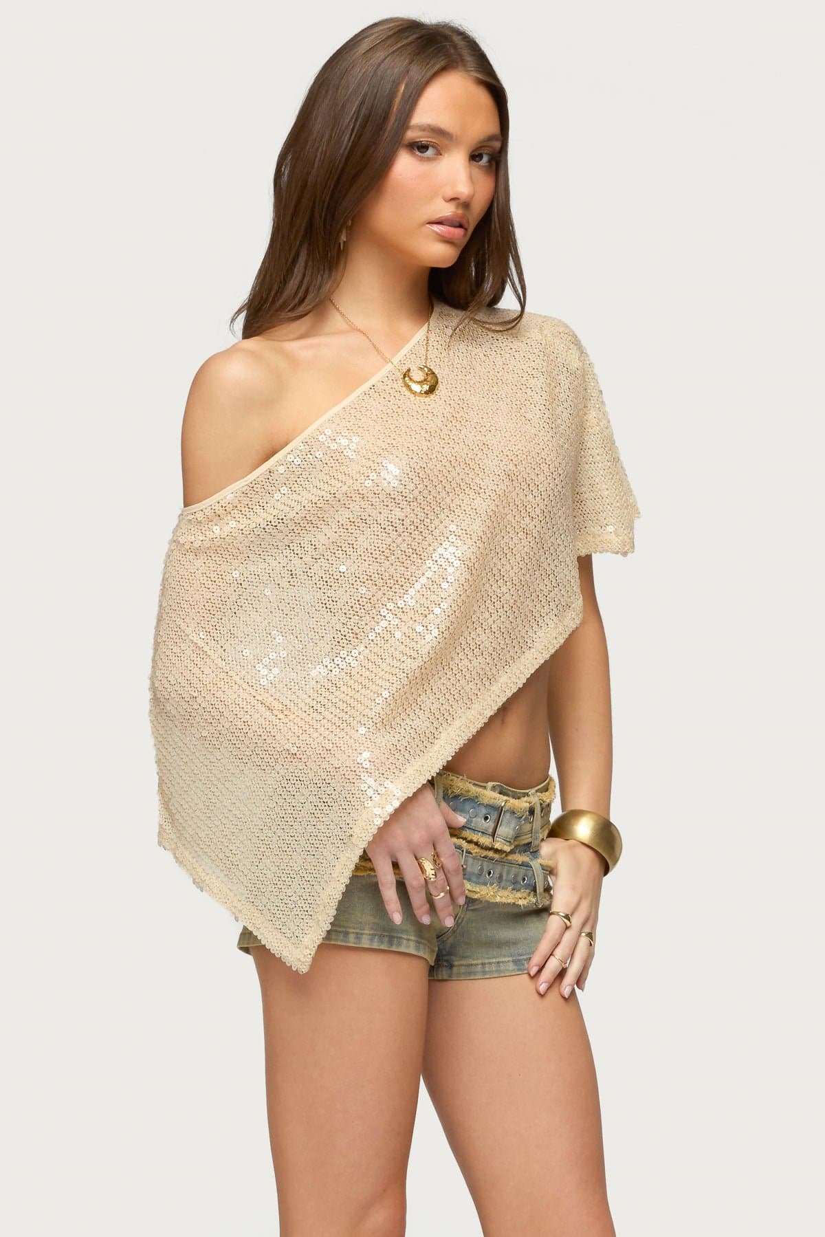 Alanna Sheer Sequin Poncho - Off Shoulder Asymmetric Hem Polyester Spandex