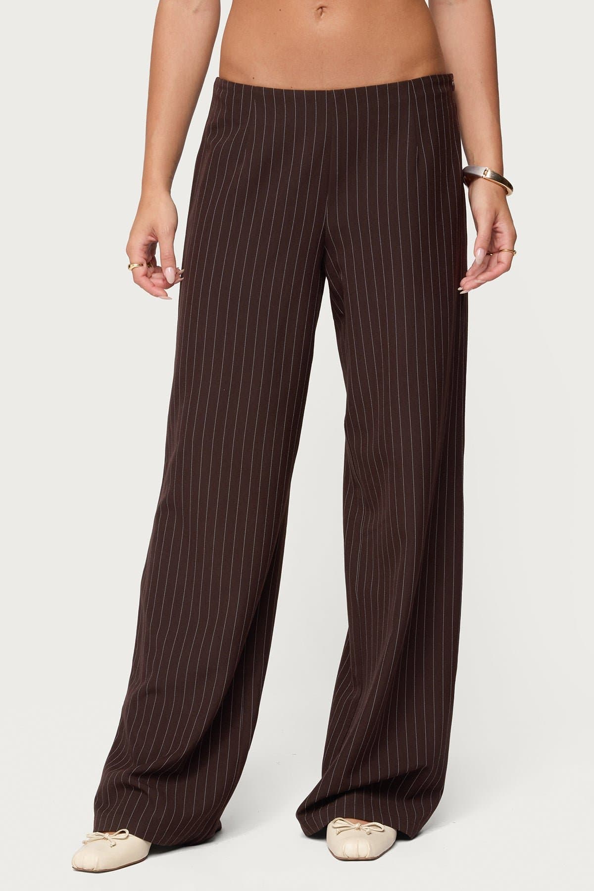 Kerie Pinstripe Low Rise Wide Leg Pants - Polyester Side Zip