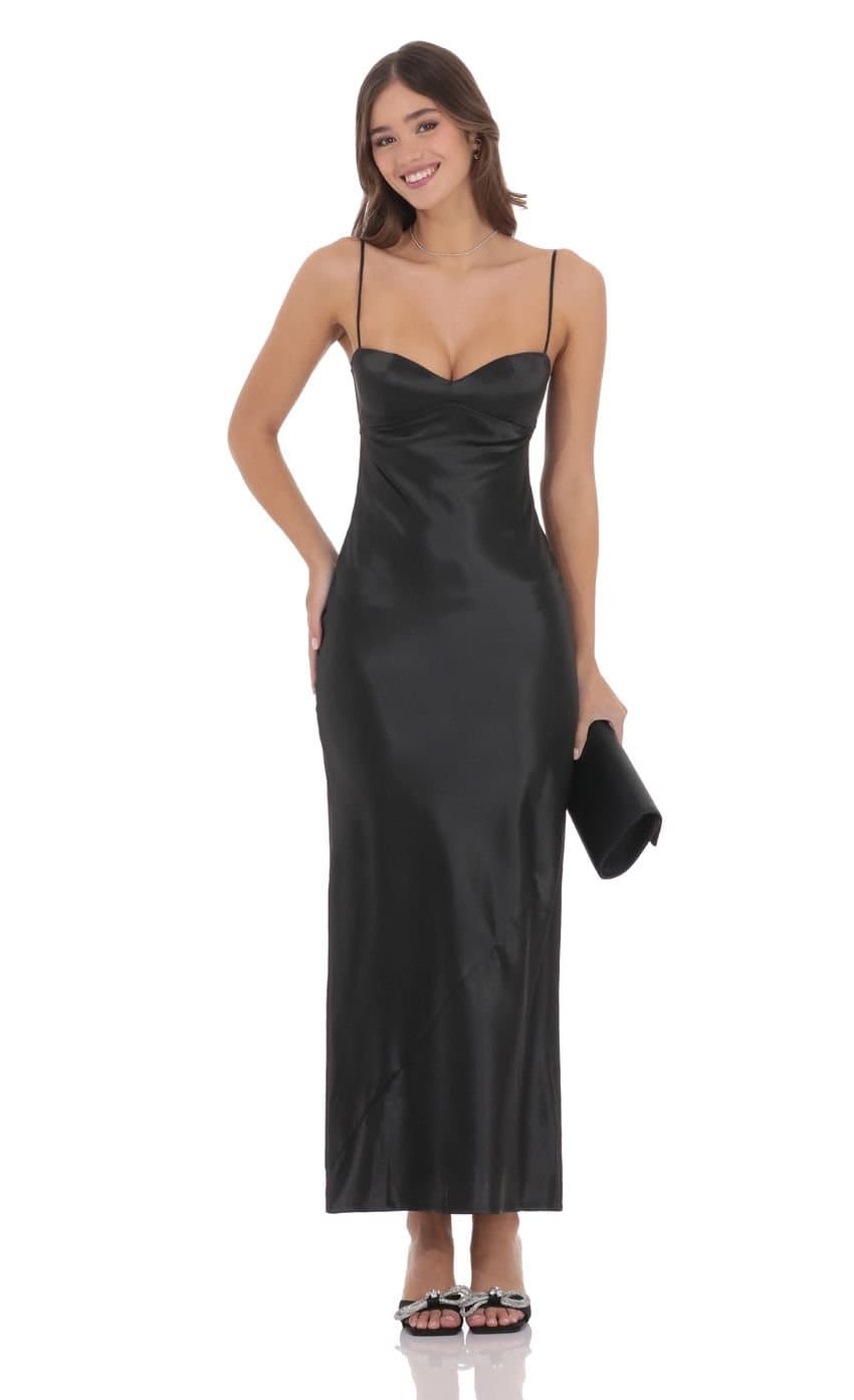 Satin Back Tie Maxi Dress in Black