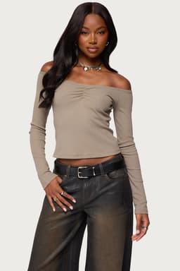 Cambria Ribbed Off Shoulder Long Sleeve Top - Cotton Rayon Spandex
