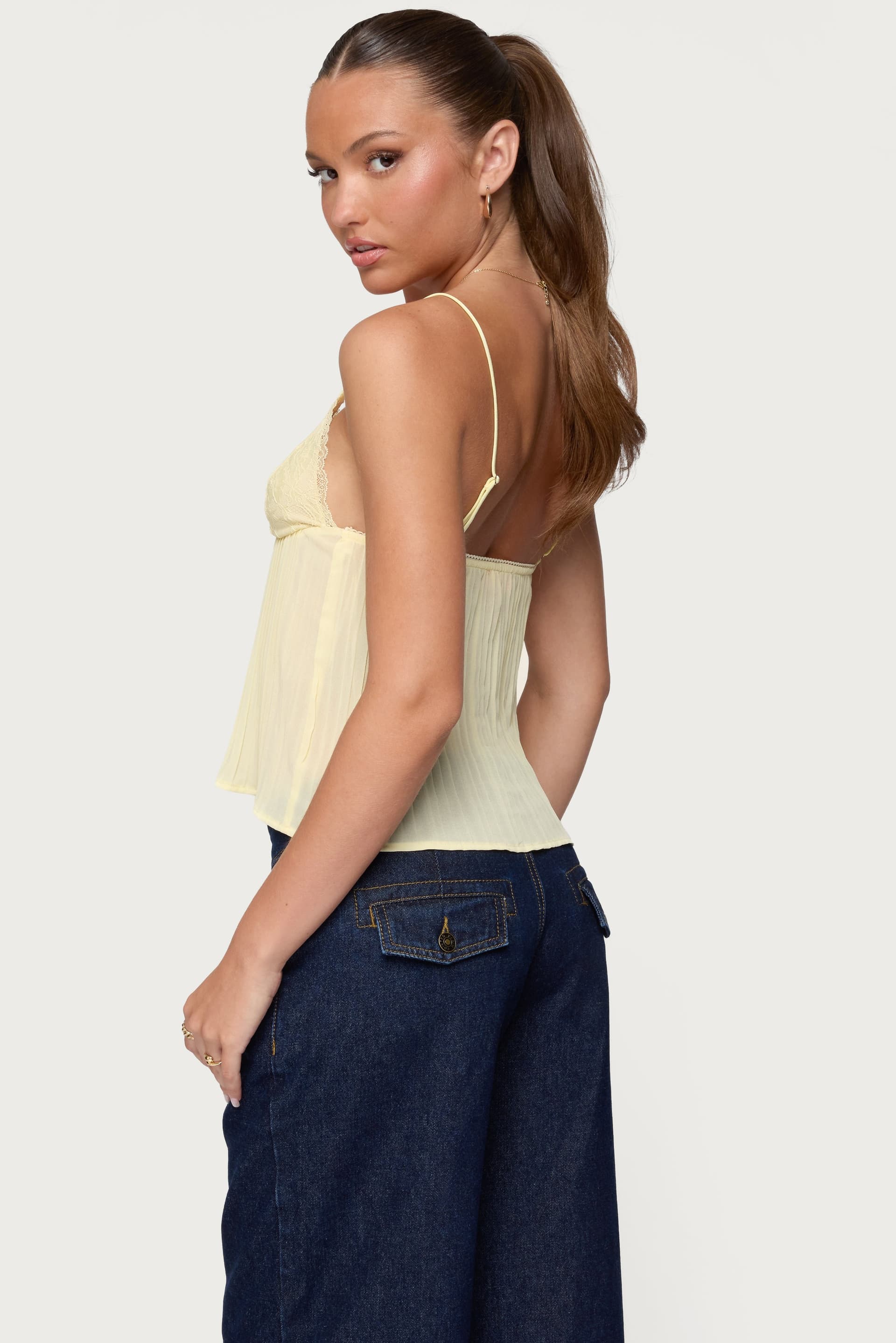 Rhian Lacey Pleated Babydoll Top with Adjustable Straps, Lace Bust, Chiffon Polyester Spandex