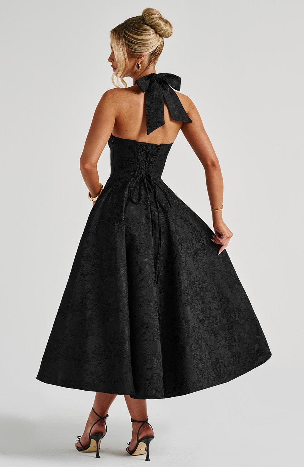 Effie Midi Dress in Black - Plunge Halter Neckline, Lace Up Back, Full Skirt