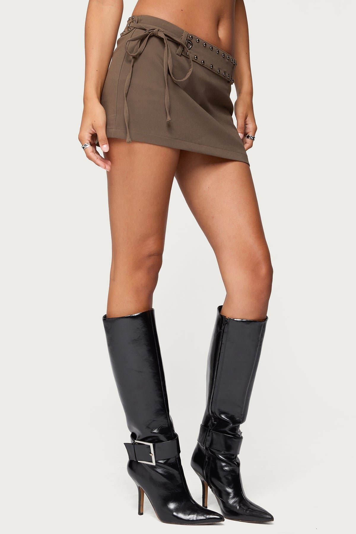 Studded Tie Belt Mini Skort in Polyester Spandex