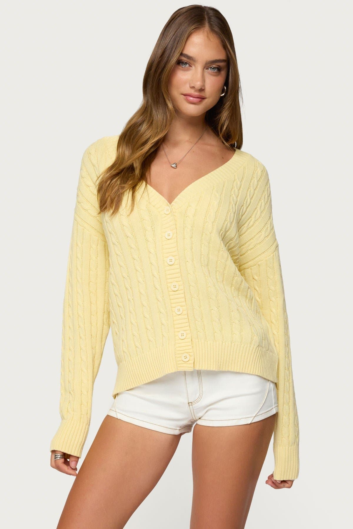 Francine Oversized V Neck Cotton Cardigan - Ribbed Cable Knit Button Front
