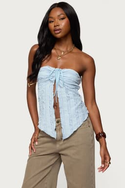 Textured Ruffle Split Front Strapless Top - Nylon Spandex Asymmetric Hem