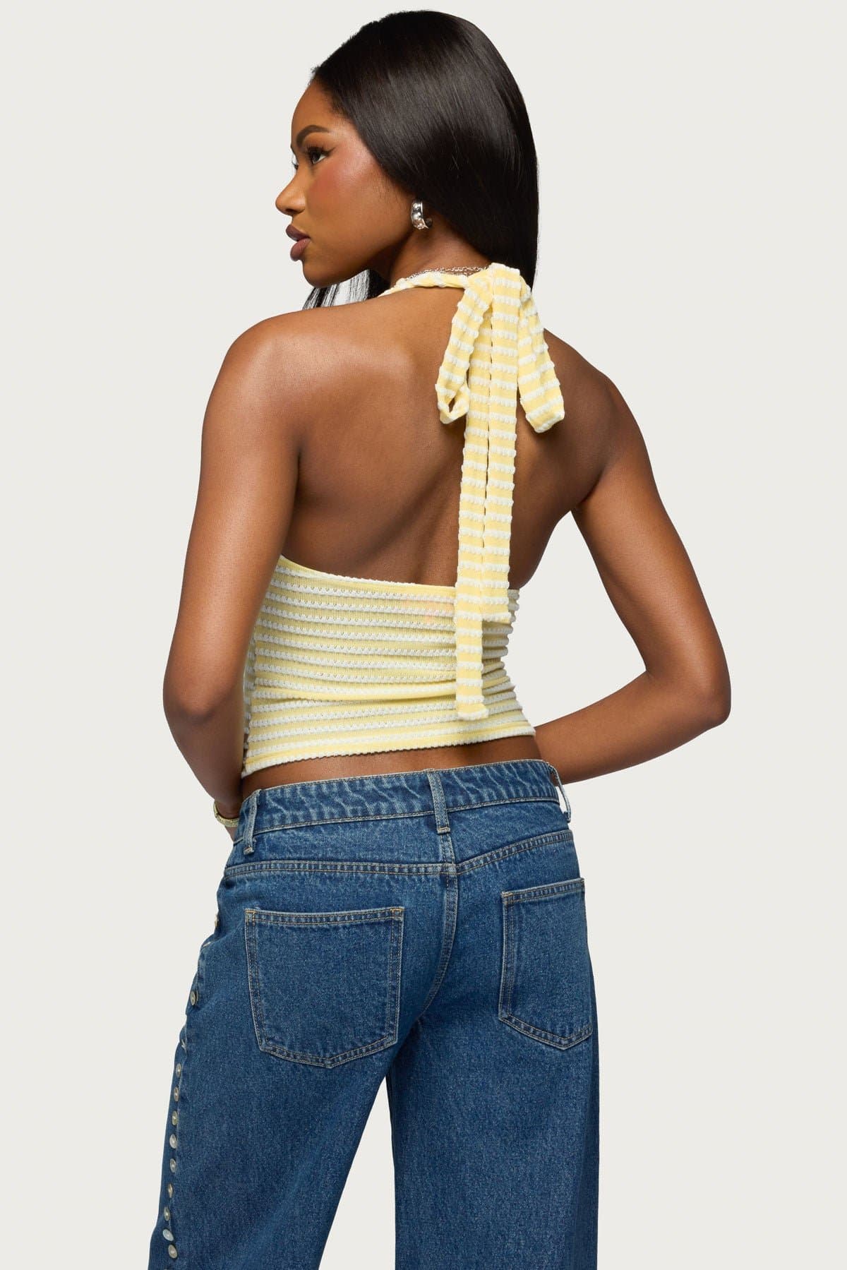 Maylah Keyhole Striped Textured Halter Top - Polyester Spandex