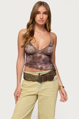 Embroidered Asymmetric Printed Mesh Tank Top with Adjustable Straps