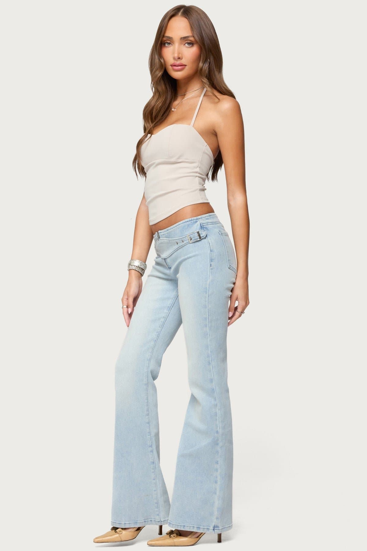 Kenza Belted Low Rise Flared Jeans - Stretch Denim Cotton Polyester Spandex