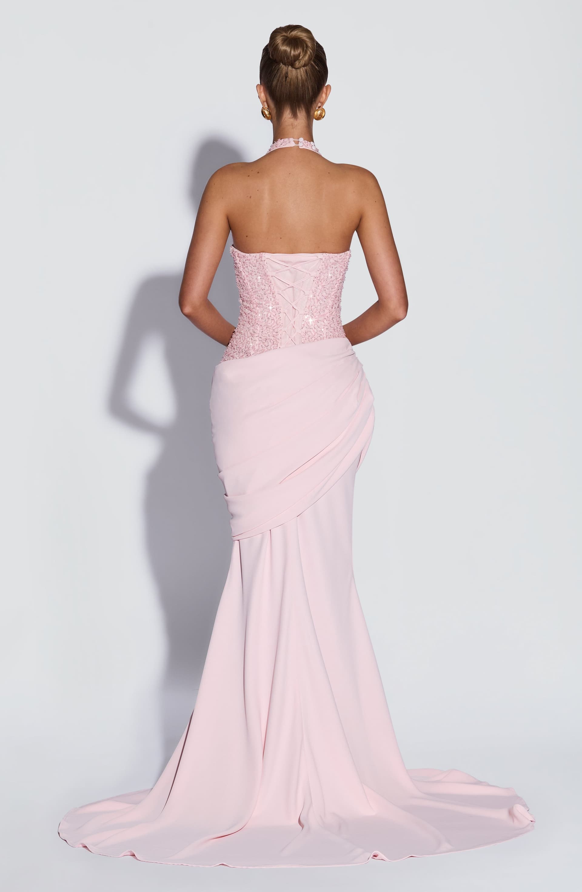 Taylor Blush Gown - Embellished Mesh Bodice, Pleated Twill Skirt, Mermaid Train