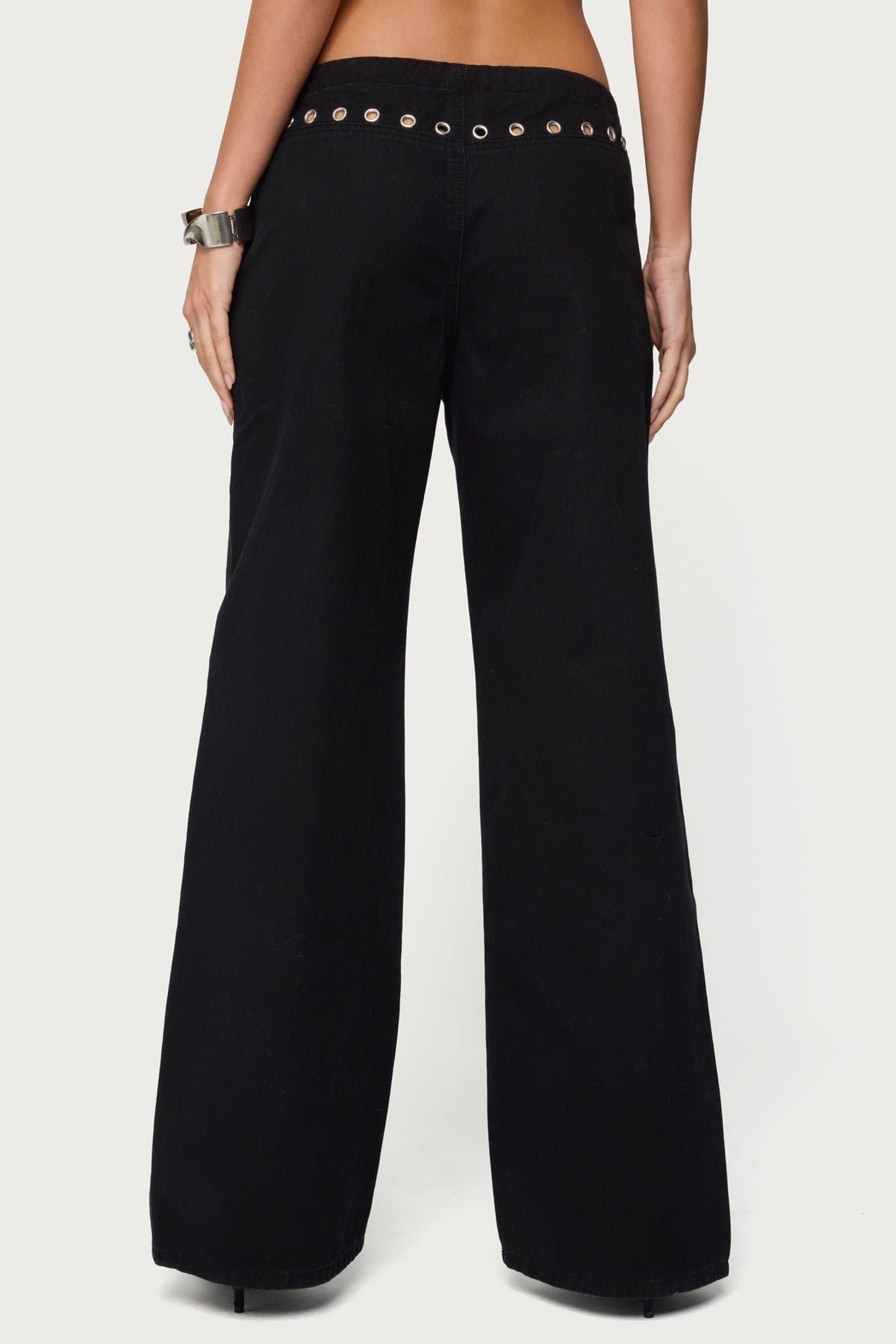 Grommet Tie Waist Low Rise Baggy Jeans 100% Cotton Rigid Denim