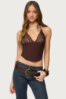 Ghita Lacey Halter Corset - Boned Bodice, Lace Bust, Polyester Spandex Nylon