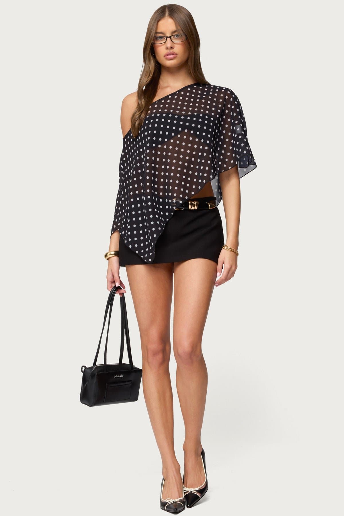 Sheer Chiffon Asymmetric Polka Dot Poncho Off-Shoulder