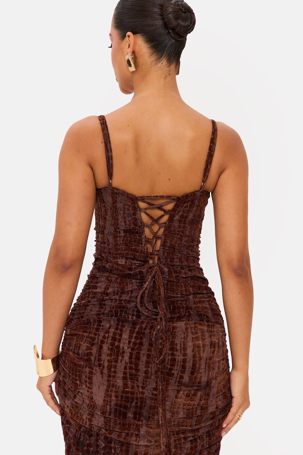 Amore Devore Drape Fabric Maxi Dress with Internal Corset and Lace Up Back