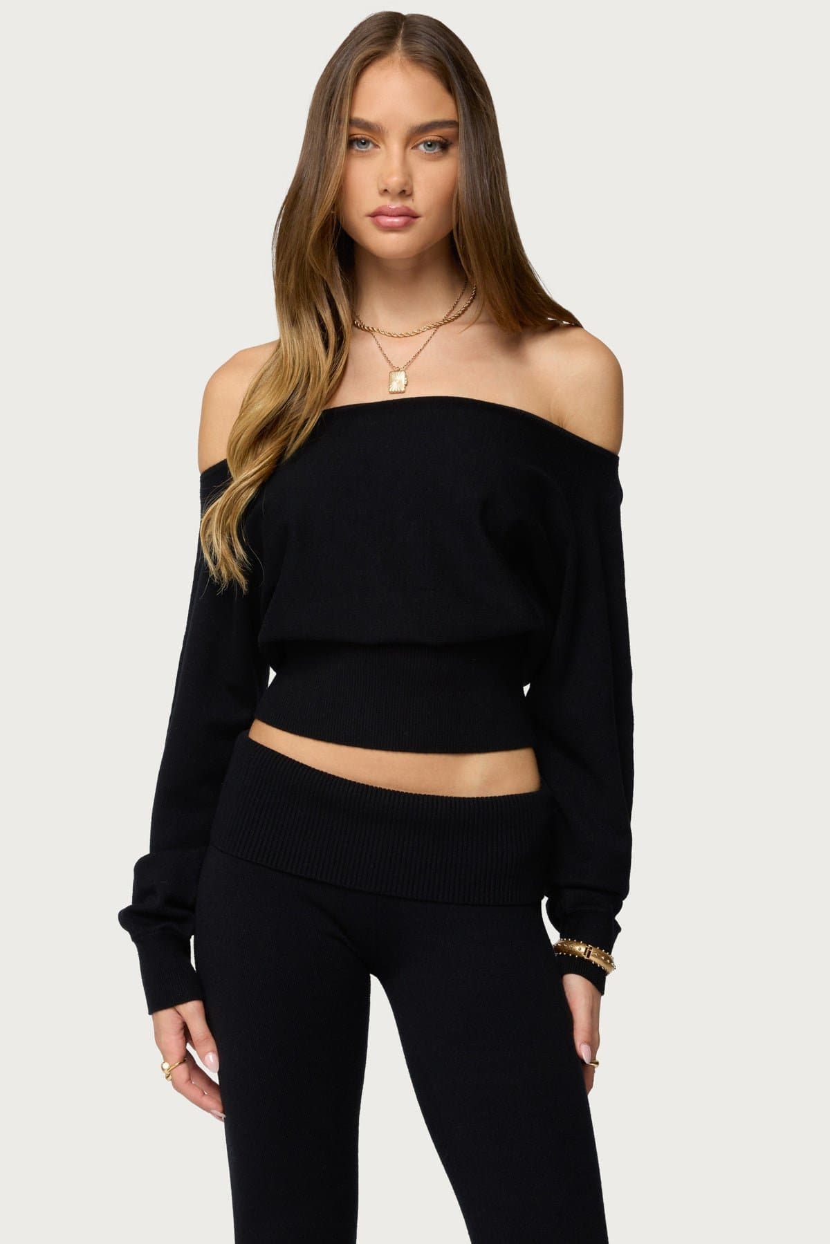 Skyla Off Shoulder Knit Sweater - Cinched Waist Acrylic Fabric