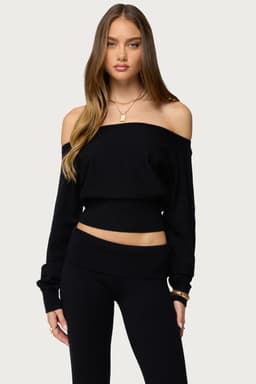 Skyla Off Shoulder Knit Sweater - Cinched Waist Acrylic Fabric