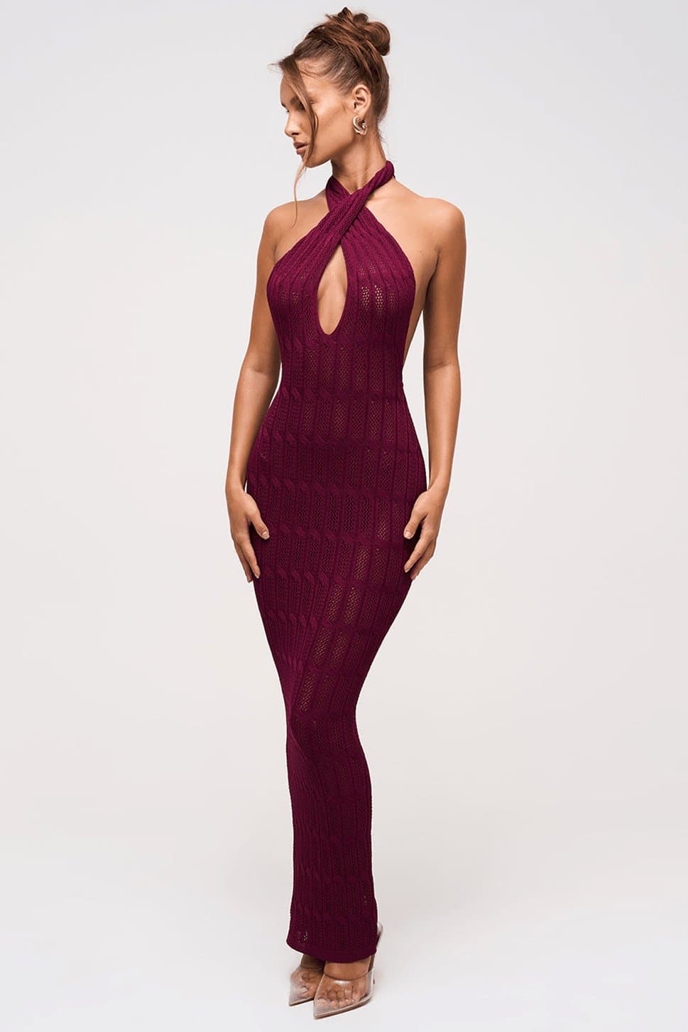 LUNAR Honeycomb Knit Plunge Maxi Dress Deep Maroon Backless