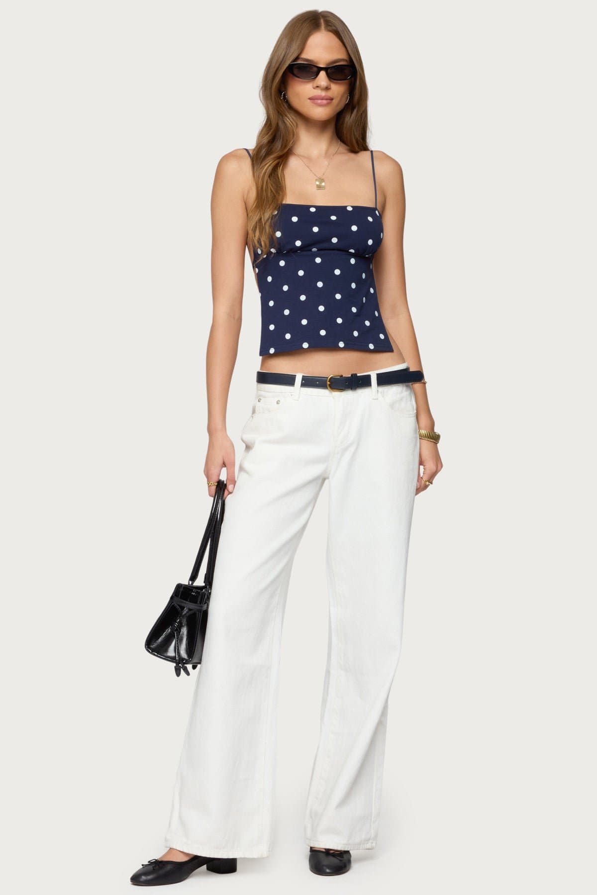 Jinx Open Back Top with Polka Dot Print, Shoe String Straps, Tieback Closure, Cotton Spandex