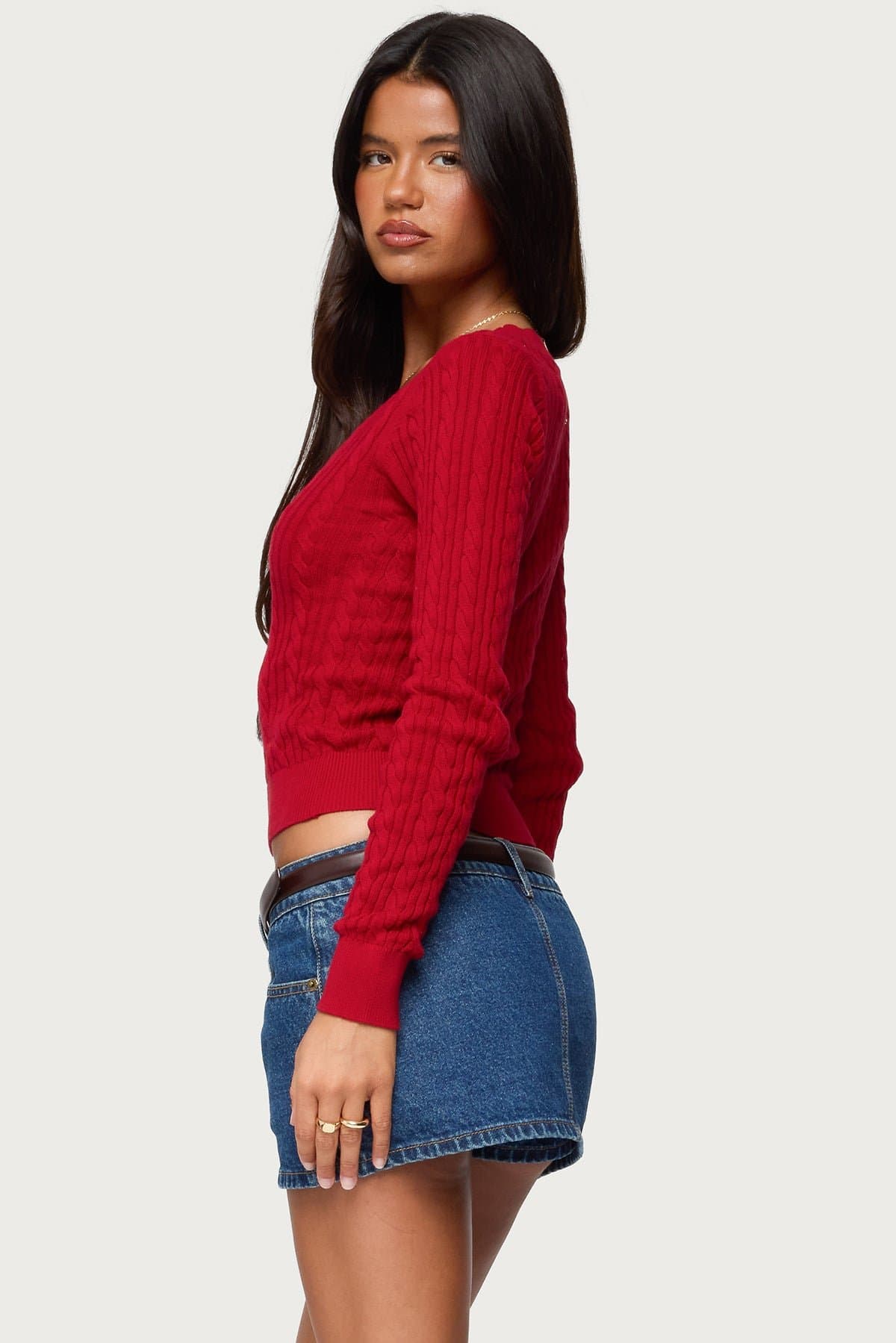 Ashlee V Neck Cable Knit Top - Long Sleeve 100% Cotton