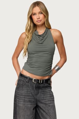 Collie Twisted High Cowl Neck Top - Rayon Spandex Ruched Open Back