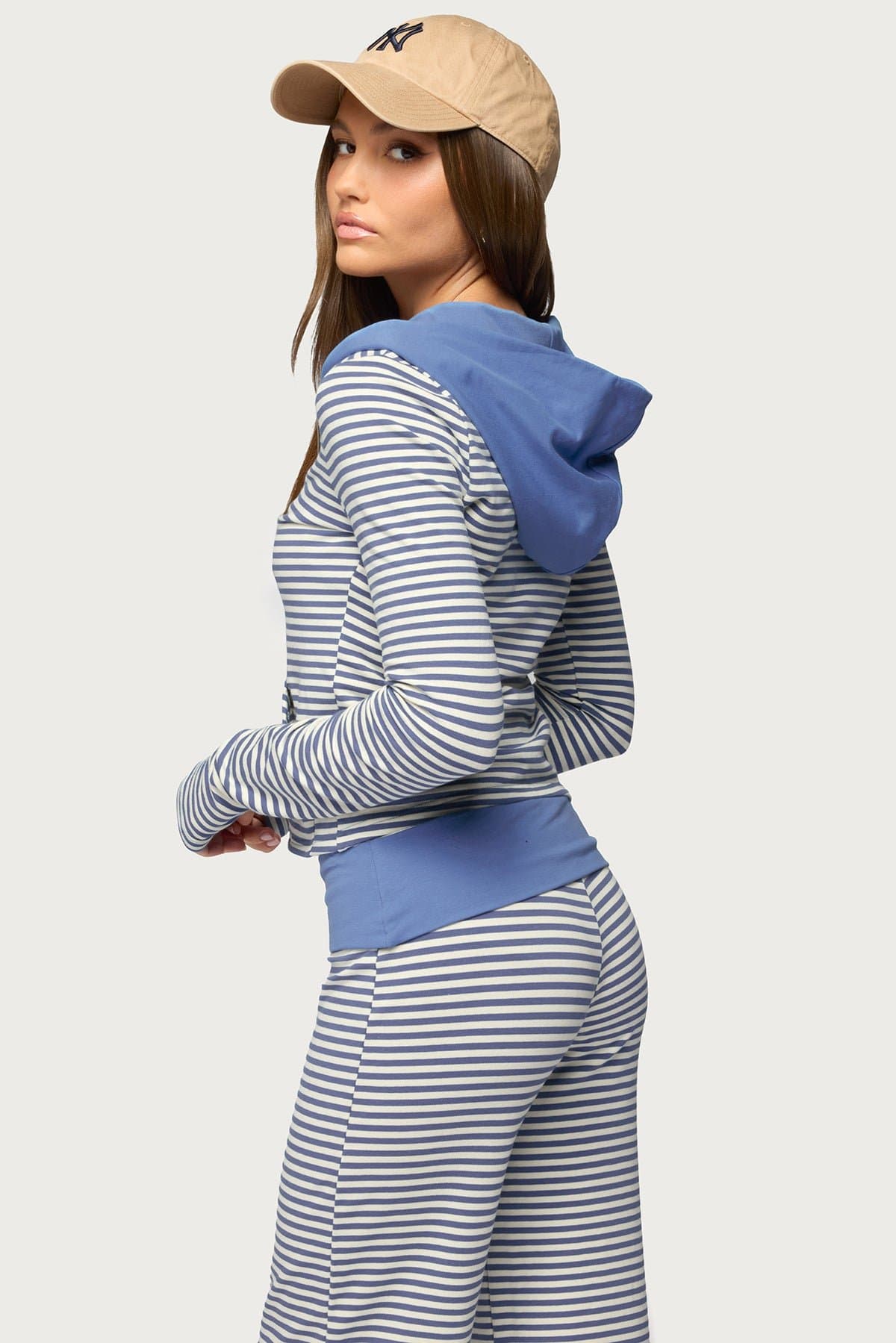 Meggy Striped Zip Up Hoodie with Contrast Hood - Cotton Spandex