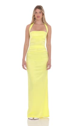 Satin Halter Maxi Dress in Yellow