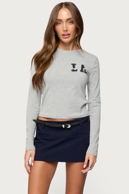 LA Girl Long Sleeve T-Shirt with Graphic Patch - Cotton Polyester Spandex Blend